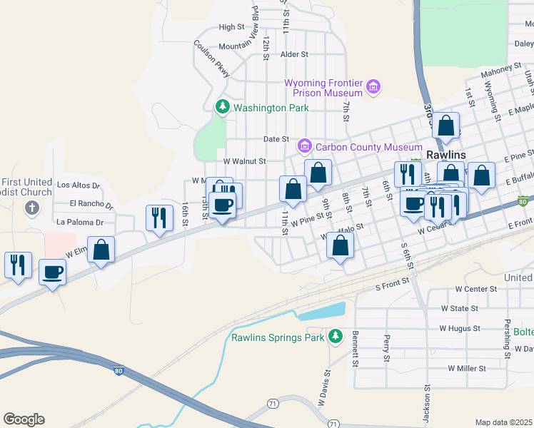 map of restaurants, bars, coffee shops, grocery stores, and more near 1200 Interstate 80 Business Loop in Rawlins