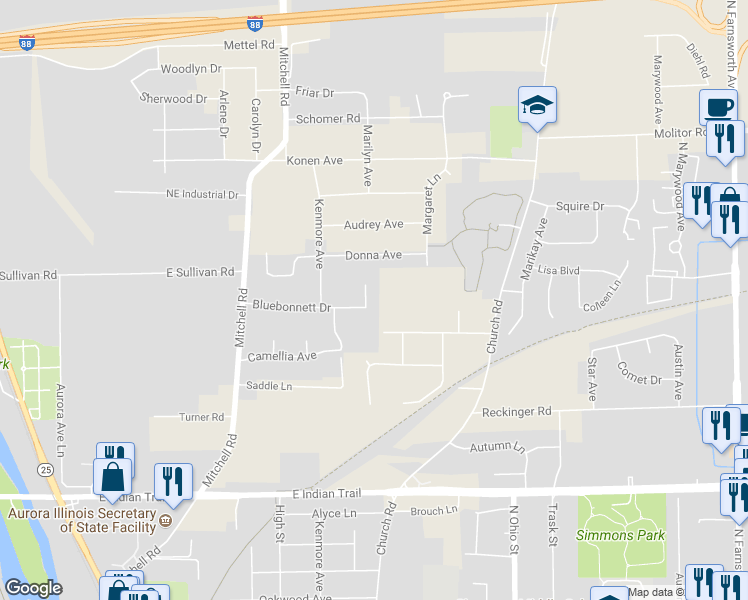 map of restaurants, bars, coffee shops, grocery stores, and more near 771 Bluebonnet Court in Aurora