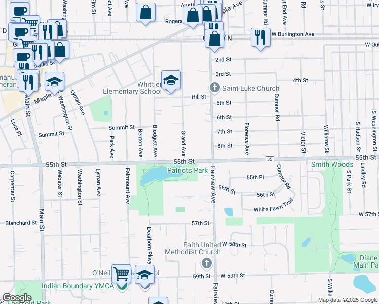 map of restaurants, bars, coffee shops, grocery stores, and more near 5470 Grand Avenue in Downers Grove