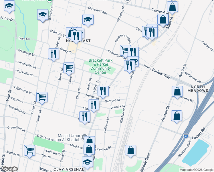 map of restaurants, bars, coffee shops, grocery stores, and more near 2495 Main Street in Hartford