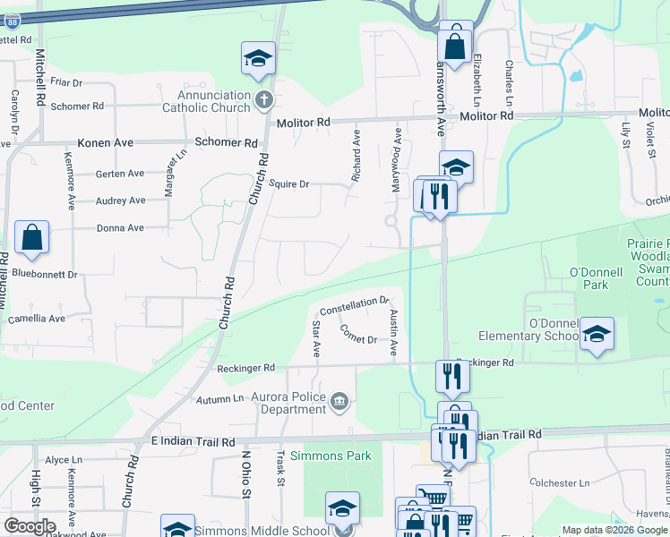 map of restaurants, bars, coffee shops, grocery stores, and more near 1579 Colleen Lane in Aurora