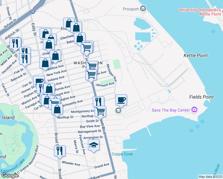 map of restaurants, bars, coffee shops, grocery stores, and more near in Cranston