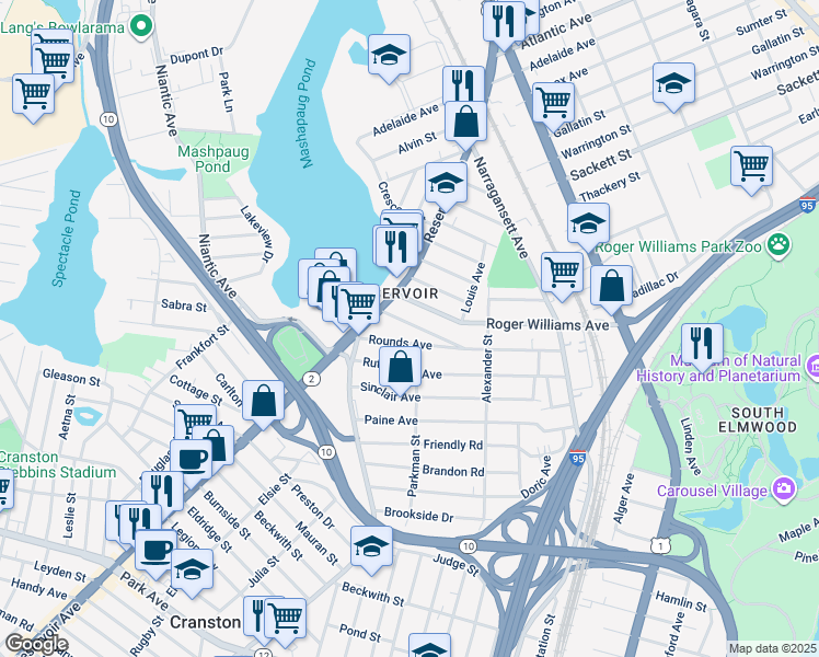 map of restaurants, bars, coffee shops, grocery stores, and more near 15 Stadden Street in Providence