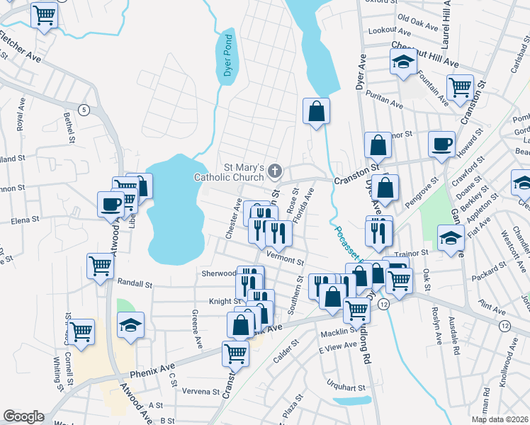 map of restaurants, bars, coffee shops, grocery stores, and more near 1556 Cranston Street in Cranston