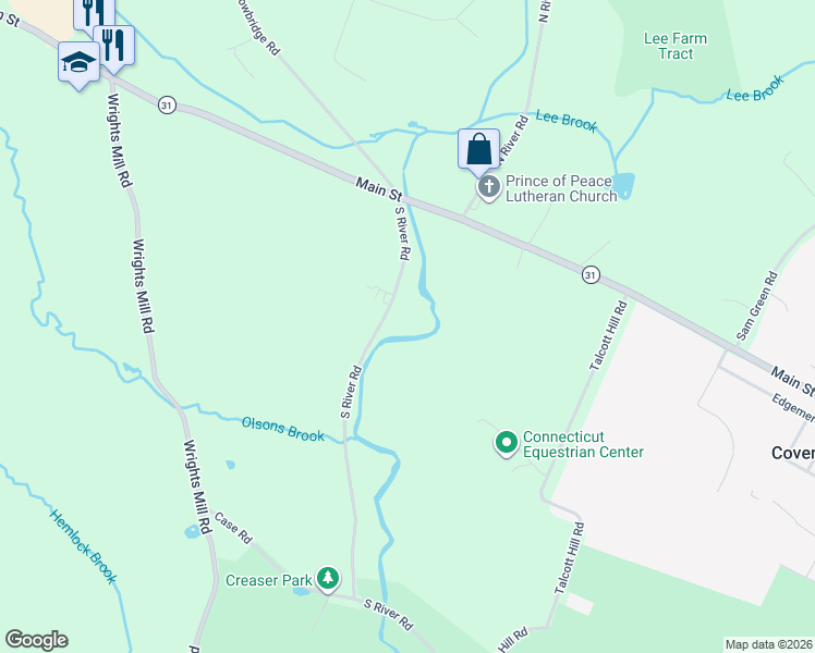map of restaurants, bars, coffee shops, grocery stores, and more near 164 South River Road in Coventry