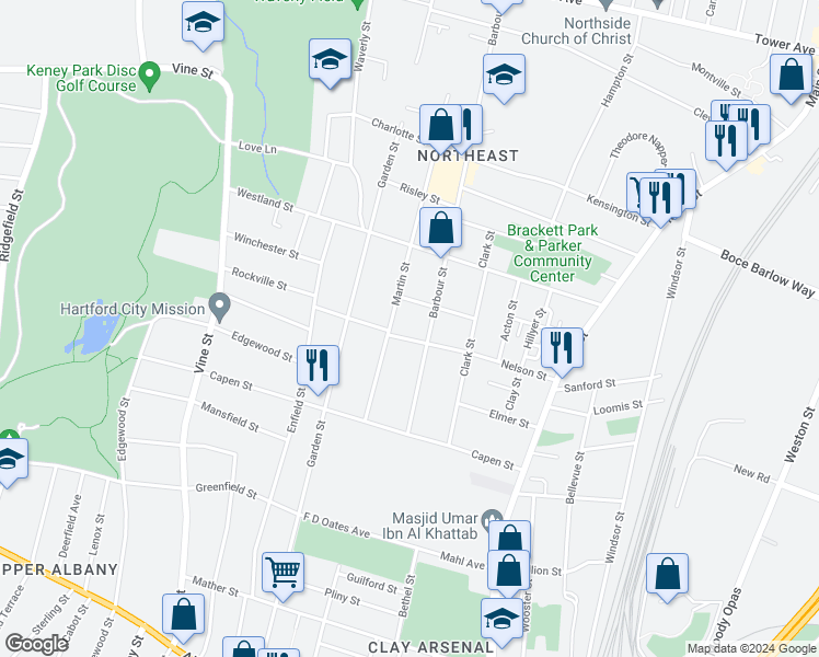 map of restaurants, bars, coffee shops, grocery stores, and more near 110 Martin Street in Hartford