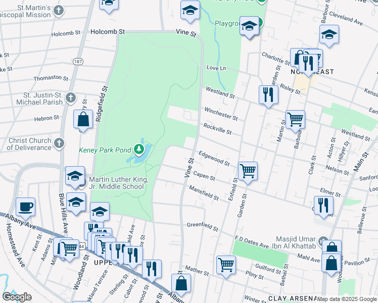 map of restaurants, bars, coffee shops, grocery stores, and more near 280 Vine Street in Hartford