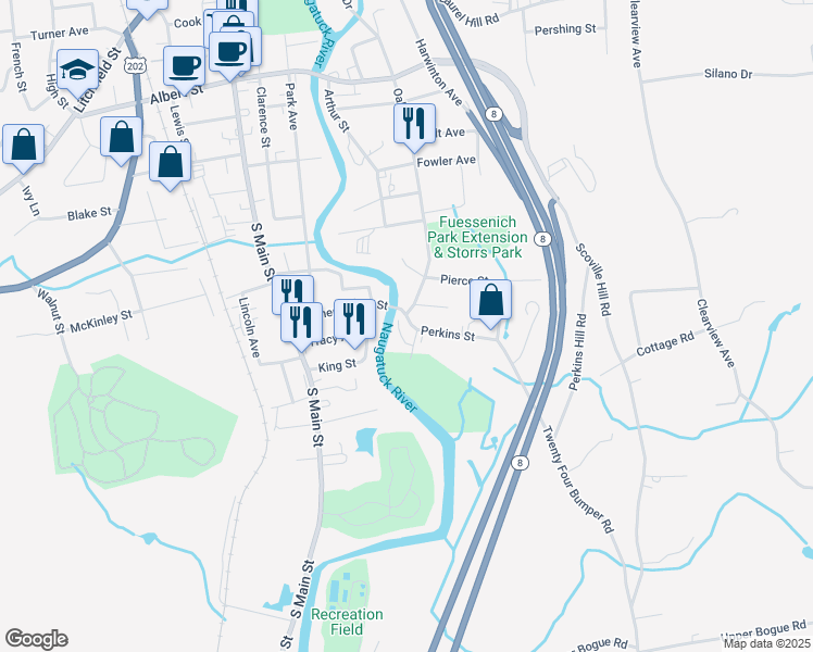 map of restaurants, bars, coffee shops, grocery stores, and more near 2 Perkins Street in Torrington