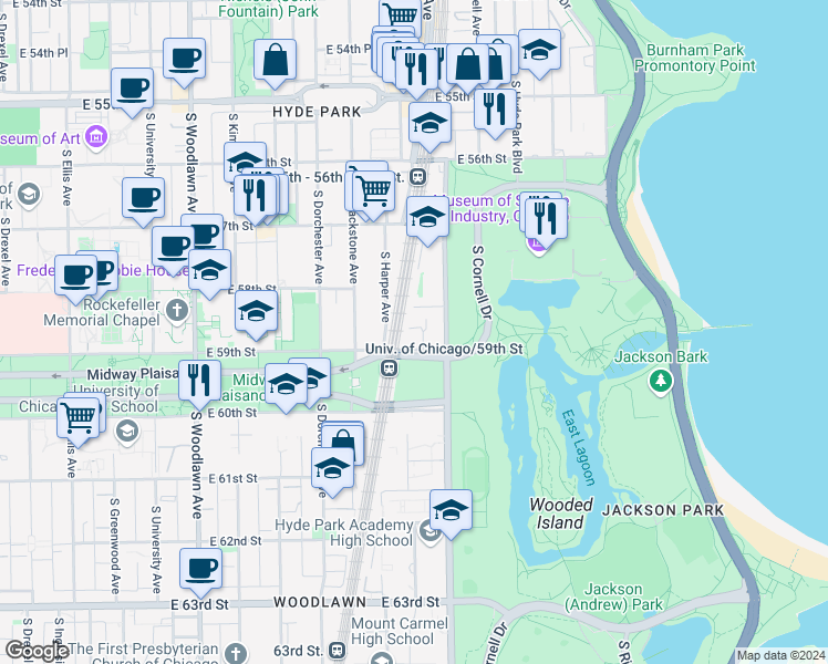 map of restaurants, bars, coffee shops, grocery stores, and more near 1520 East 59th Street in Chicago