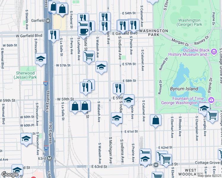map of restaurants, bars, coffee shops, grocery stores, and more near 5824 South Michigan Avenue in Chicago