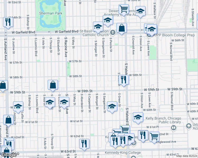 map of restaurants, bars, coffee shops, grocery stores, and more near 5805 South Morgan Street in Chicago