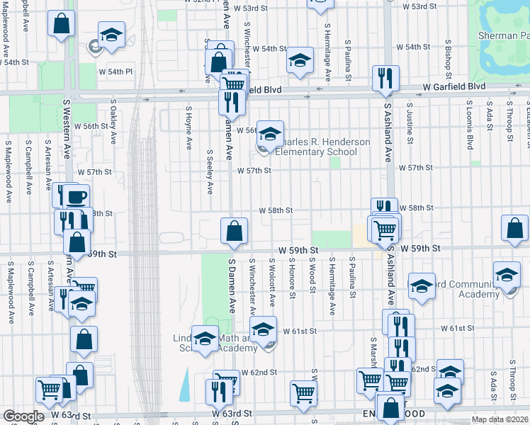 map of restaurants, bars, coffee shops, grocery stores, and more near 5800 South Wolcott Avenue in Chicago