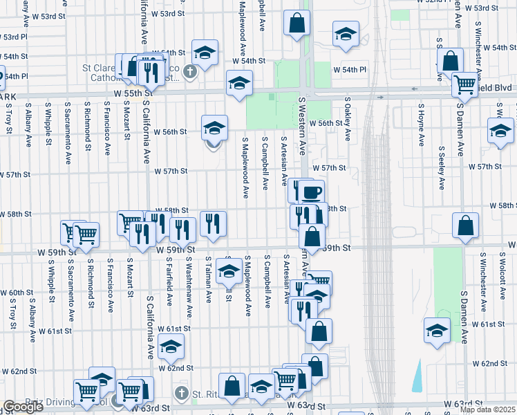 map of restaurants, bars, coffee shops, grocery stores, and more near 5759 South Maplewood Avenue in Chicago