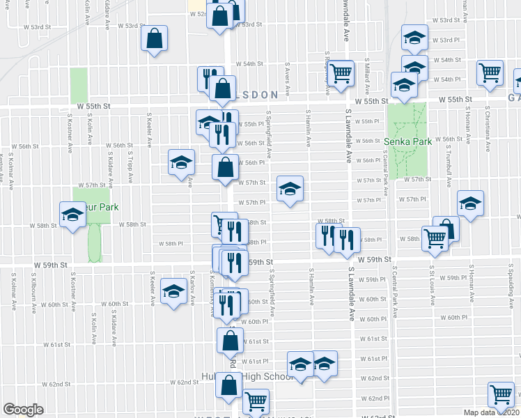 map of restaurants, bars, coffee shops, grocery stores, and more near 3923 West 57th Place in Chicago