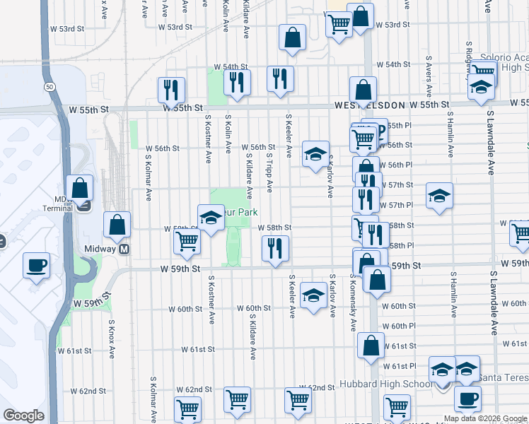 map of restaurants, bars, coffee shops, grocery stores, and more near 5733 South Tripp Avenue in Chicago