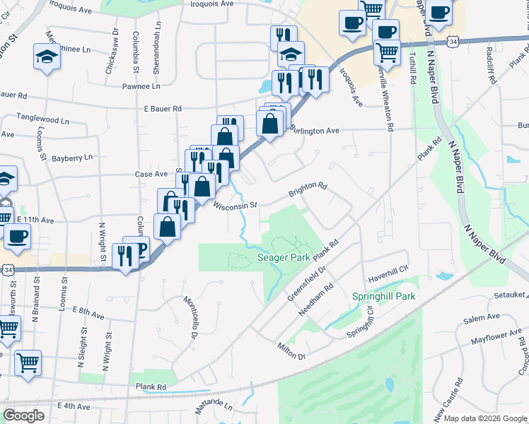 map of restaurants, bars, coffee shops, grocery stores, and more near 1040 North Charles Avenue in Naperville