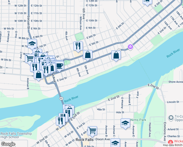 map of restaurants, bars, coffee shops, grocery stores, and more near 108 5th Avenue in Sterling