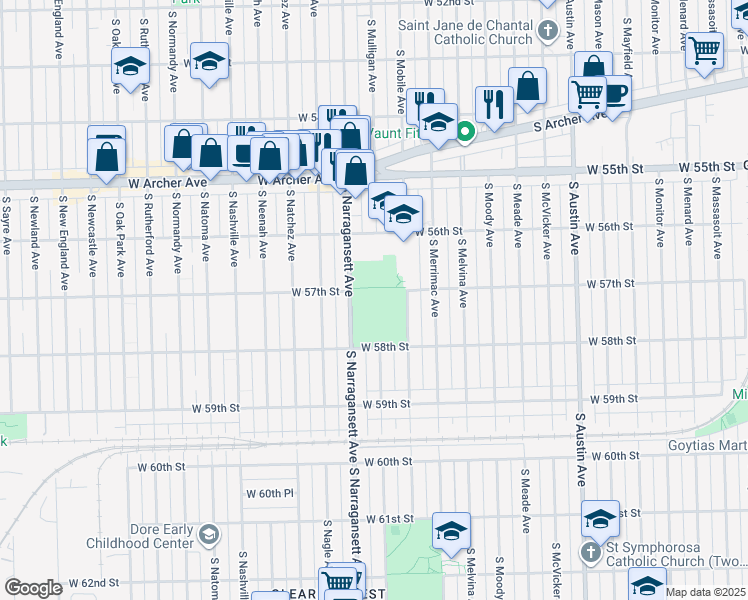 map of restaurants, bars, coffee shops, grocery stores, and more near 5625 South Mobile Avenue in Chicago