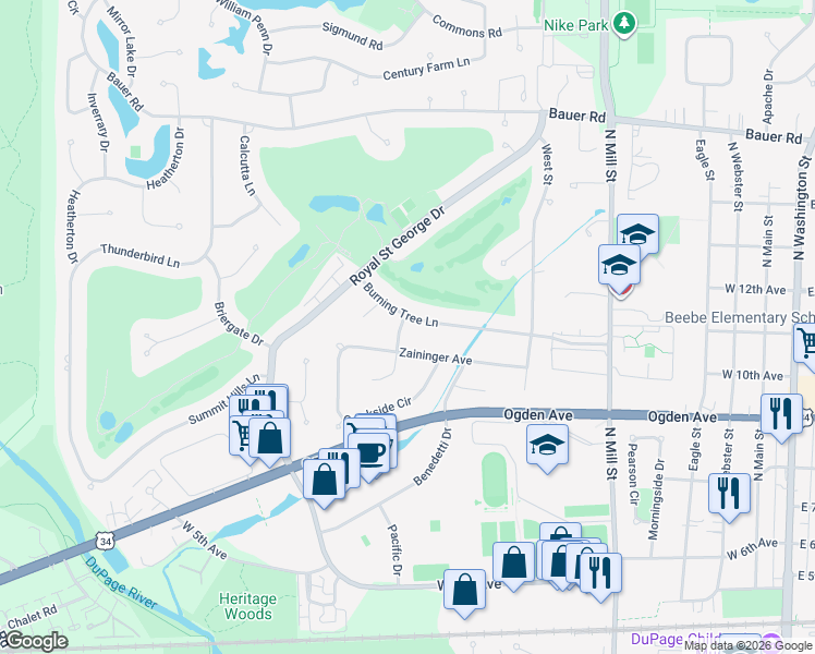 map of restaurants, bars, coffee shops, grocery stores, and more near 1132 Big Foot Lane in Naperville