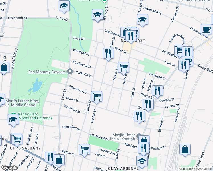 map of restaurants, bars, coffee shops, grocery stores, and more near 163 Nelson Street in Hartford