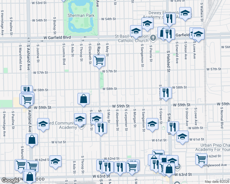 map of restaurants, bars, coffee shops, grocery stores, and more near 5806 South Aberdeen Street in Chicago