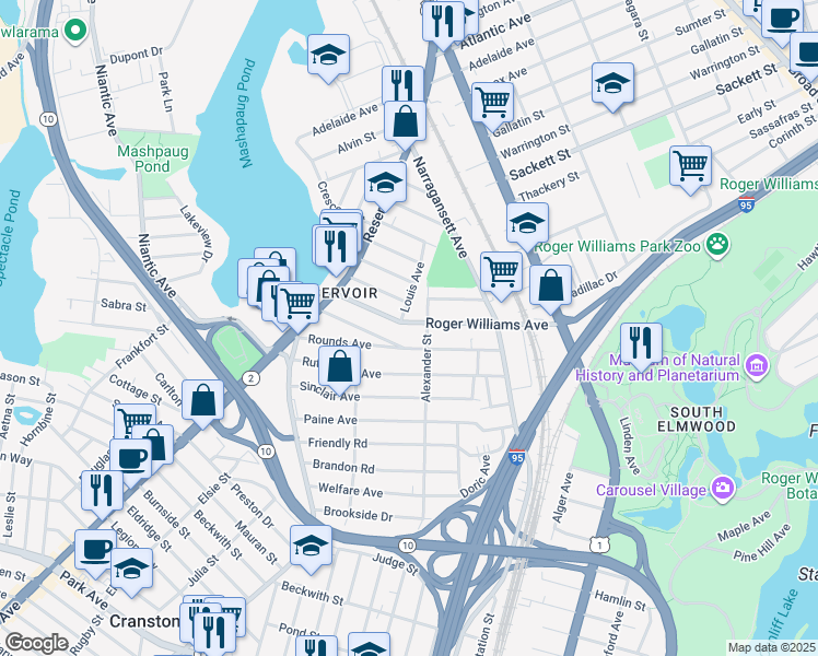 map of restaurants, bars, coffee shops, grocery stores, and more near 180 Roger Williams Avenue in Providence