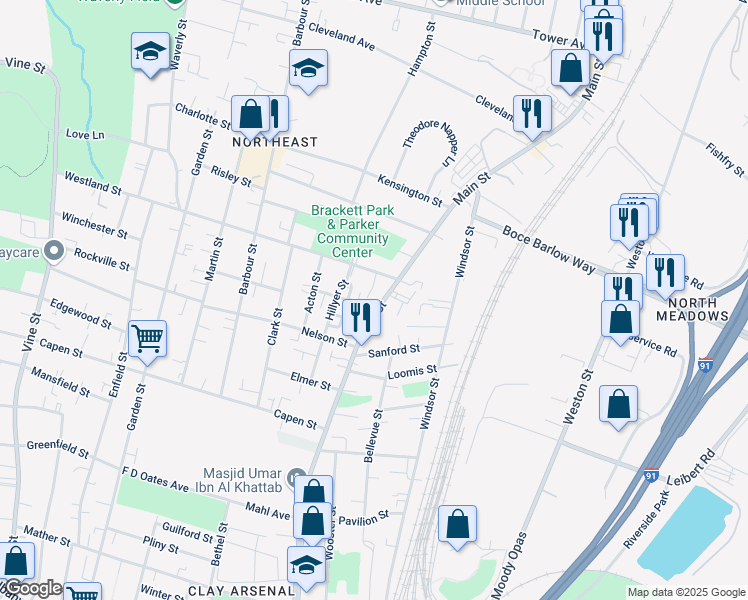 map of restaurants, bars, coffee shops, grocery stores, and more near 2495 Main Street in Hartford