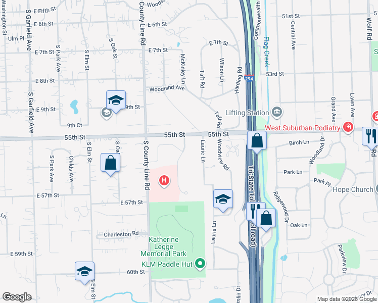 map of restaurants, bars, coffee shops, grocery stores, and more near 5525 Barton Lane in Hinsdale