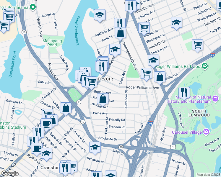map of restaurants, bars, coffee shops, grocery stores, and more near 52 Stadden Street in Providence