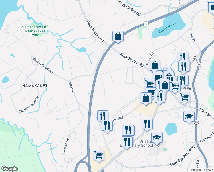map of restaurants, bars, coffee shops, grocery stores, and more near 17 Kings Way in Orleans