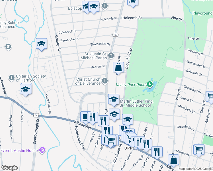 map of restaurants, bars, coffee shops, grocery stores, and more near 159 Blue Hills Avenue in Hartford