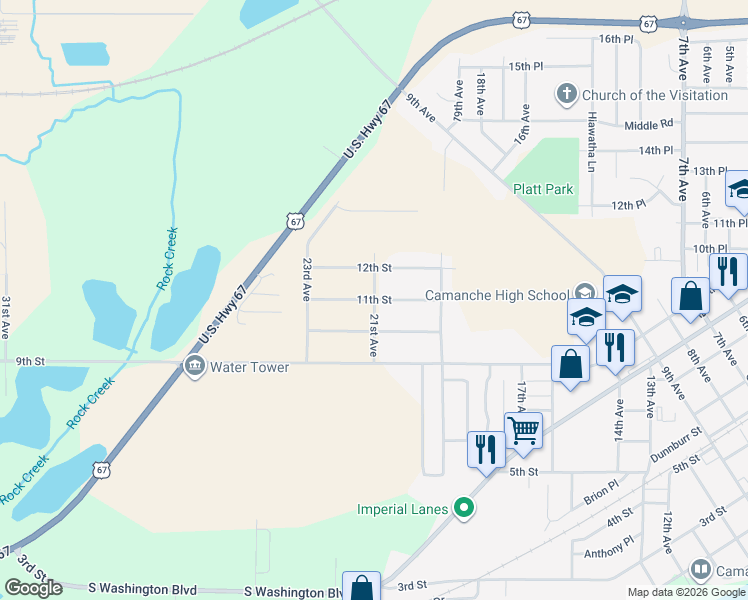 map of restaurants, bars, coffee shops, grocery stores, and more near 11th Street in Camanche
