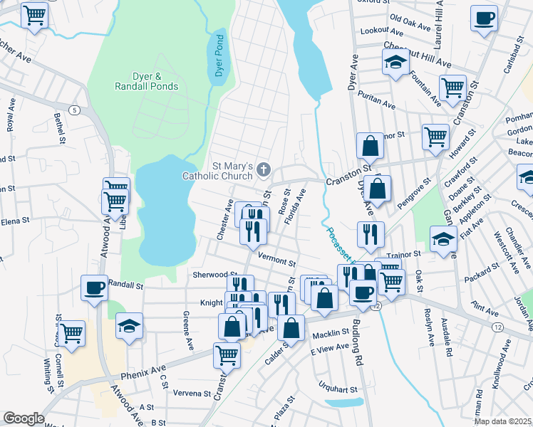 map of restaurants, bars, coffee shops, grocery stores, and more near 1556 Cranston Street in Cranston
