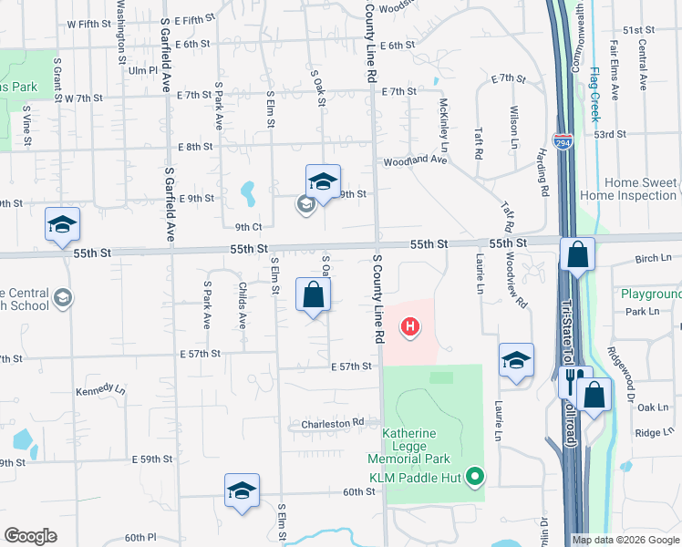 map of restaurants, bars, coffee shops, grocery stores, and more near 5514 South County Line Road in Hinsdale