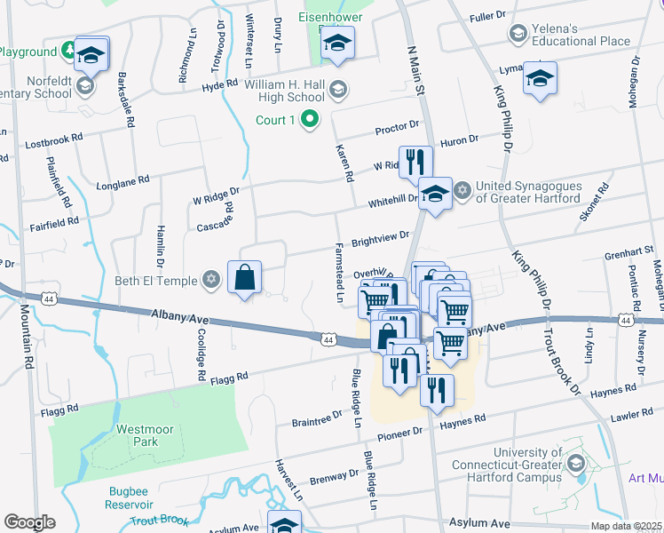 map of restaurants, bars, coffee shops, grocery stores, and more near 55 Farmstead Lane in West Hartford