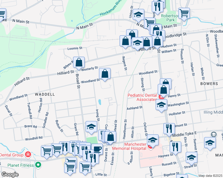 map of restaurants, bars, coffee shops, grocery stores, and more near 182 Homestead Street in Manchester