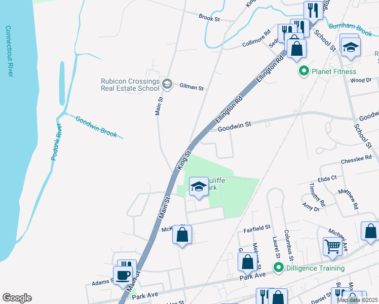 map of restaurants, bars, coffee shops, grocery stores, and more near 49 King Street in East Hartford