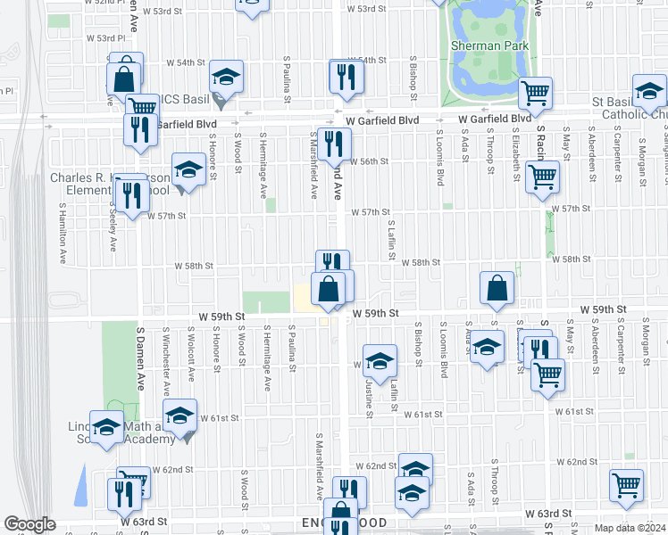 map of restaurants, bars, coffee shops, grocery stores, and more near 5800 South Ashland Avenue in Chicago