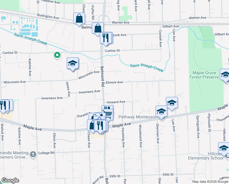 map of restaurants, bars, coffee shops, grocery stores, and more near 2134 Ashley Court in Downers Grove