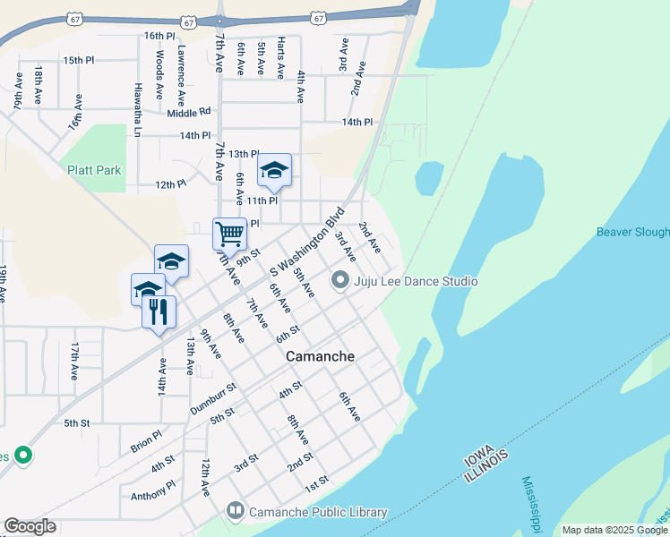 map of restaurants, bars, coffee shops, grocery stores, and more near 301-399 7th St in Camanche