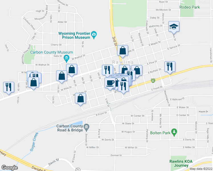 map of restaurants, bars, coffee shops, grocery stores, and more near West Buffalo Street in Rawlins