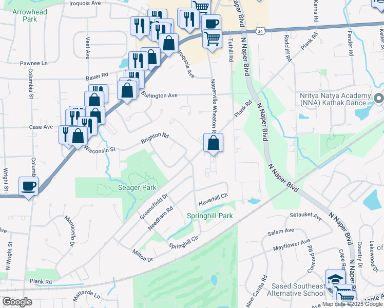 map of restaurants, bars, coffee shops, grocery stores, and more near 1236 Yorkshire Drive in Naperville