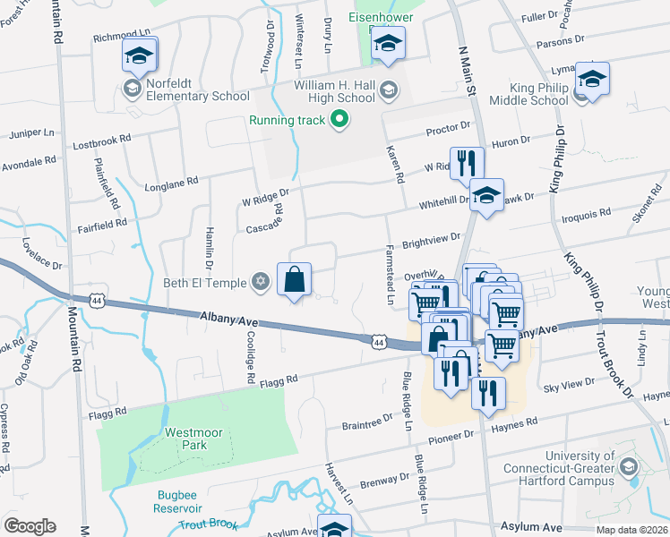 map of restaurants, bars, coffee shops, grocery stores, and more near Magnolia Hill in West Hartford