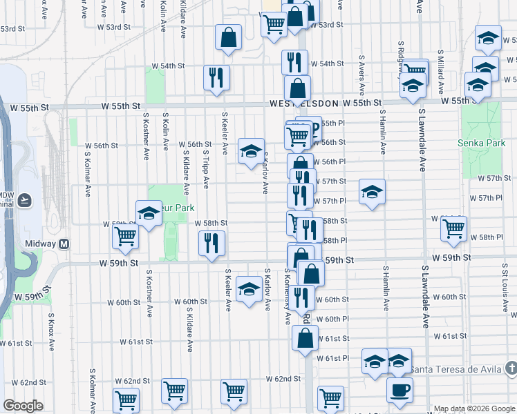 map of restaurants, bars, coffee shops, grocery stores, and more near 4111 West 57th Place in Chicago