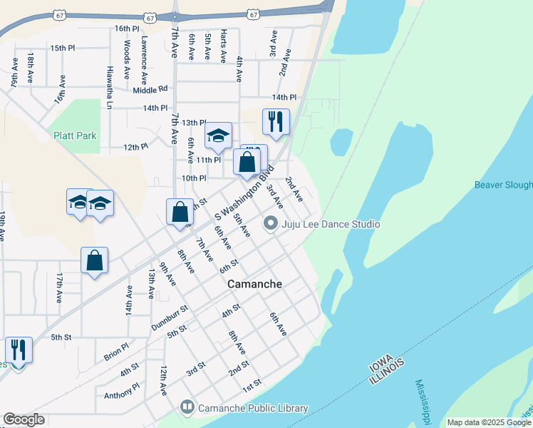 map of restaurants, bars, coffee shops, grocery stores, and more near 301 7th Street in Camanche