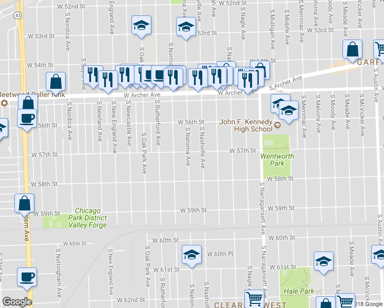 map of restaurants, bars, coffee shops, grocery stores, and more near 5701 South Natoma Avenue in Chicago