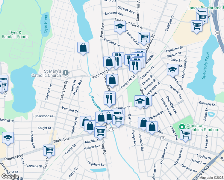 map of restaurants, bars, coffee shops, grocery stores, and more near 12 Byron Street in Cranston