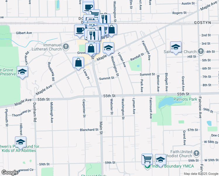map of restaurants, bars, coffee shops, grocery stores, and more near 5416 Webster Street in Downers Grove