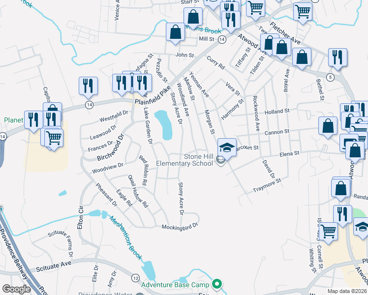 map of restaurants, bars, coffee shops, grocery stores, and more near 150 Stony Acre Dr in Cranston