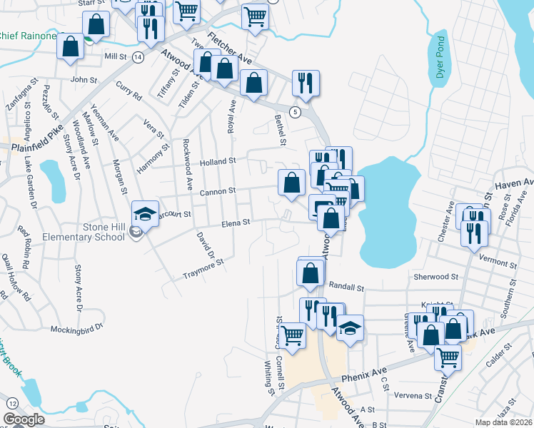 map of restaurants, bars, coffee shops, grocery stores, and more near 101 Elena Street in Cranston
